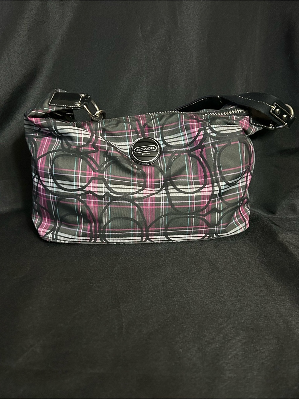 Coach Vintage Signature Tartan Plaid Shoulder Bag Black & Pink